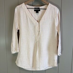 Tahari Linen Tunic Top Small Beige V-Neck Collared 3/4 Sleeve Blouse